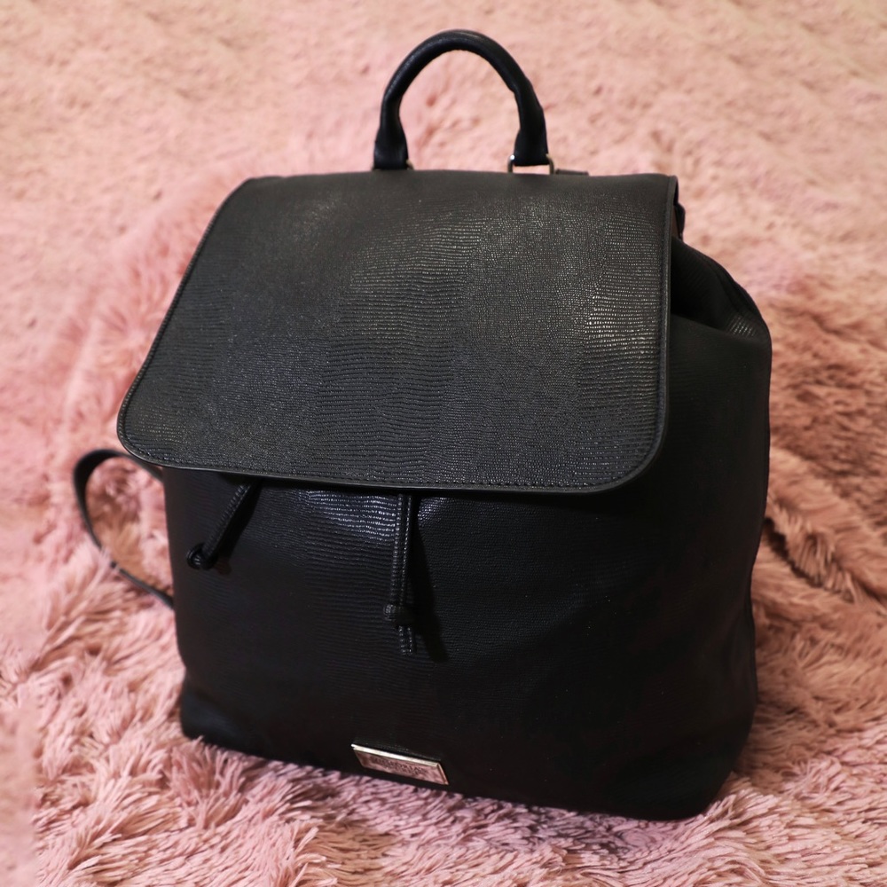 Victoria's Secret Black Faux Leather Drawstring Backpack Bag